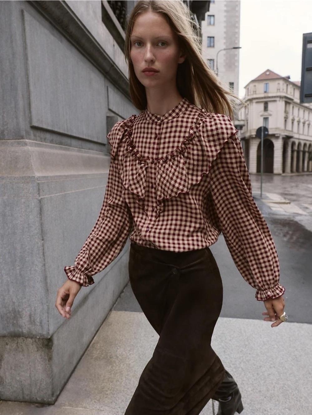 Zara Checked Ruffle Blouse Small Burgundy/ Tan